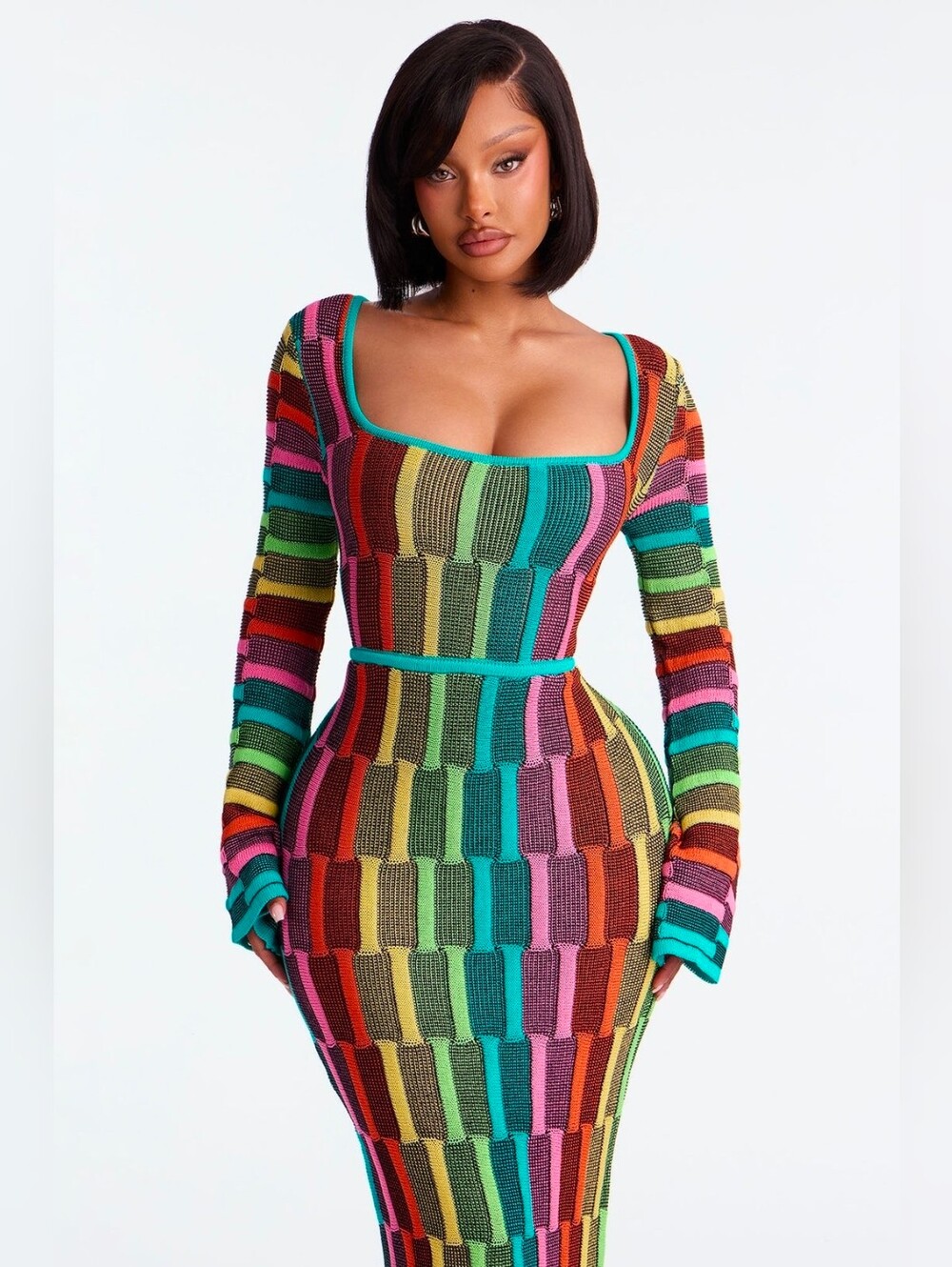 Long Sleeve Multicolor Knit Bodycon Dress - Turquoise Trim